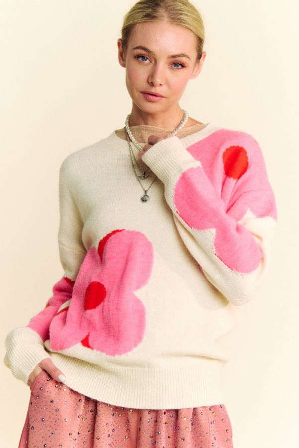 FLORAL ROUND NECK SWEATER-CREAM/PINK