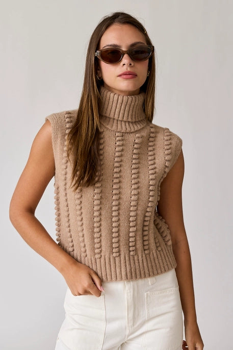 WILLOW TURTLE NECK TEXTURED KNIT VEST-TAUPE