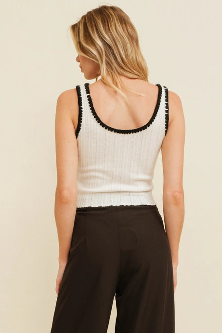 CONTRAST STITCH COLLAR RIBBED KNIT TOP-WHITE