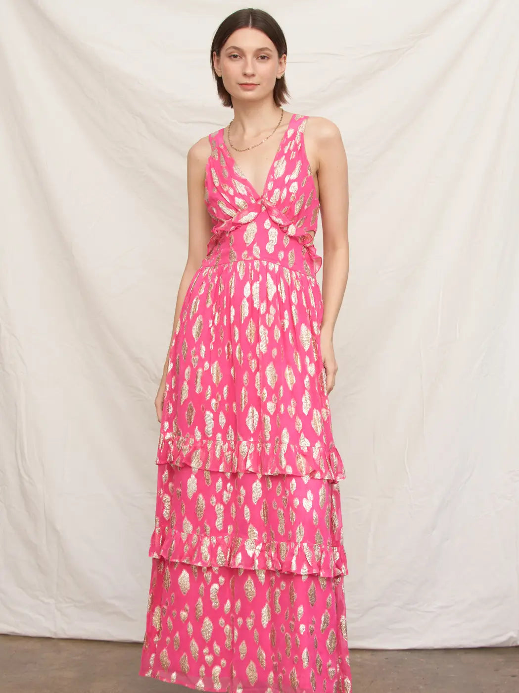 METALLIC POLKA DOT MAXI DRESS-FUCHSIA