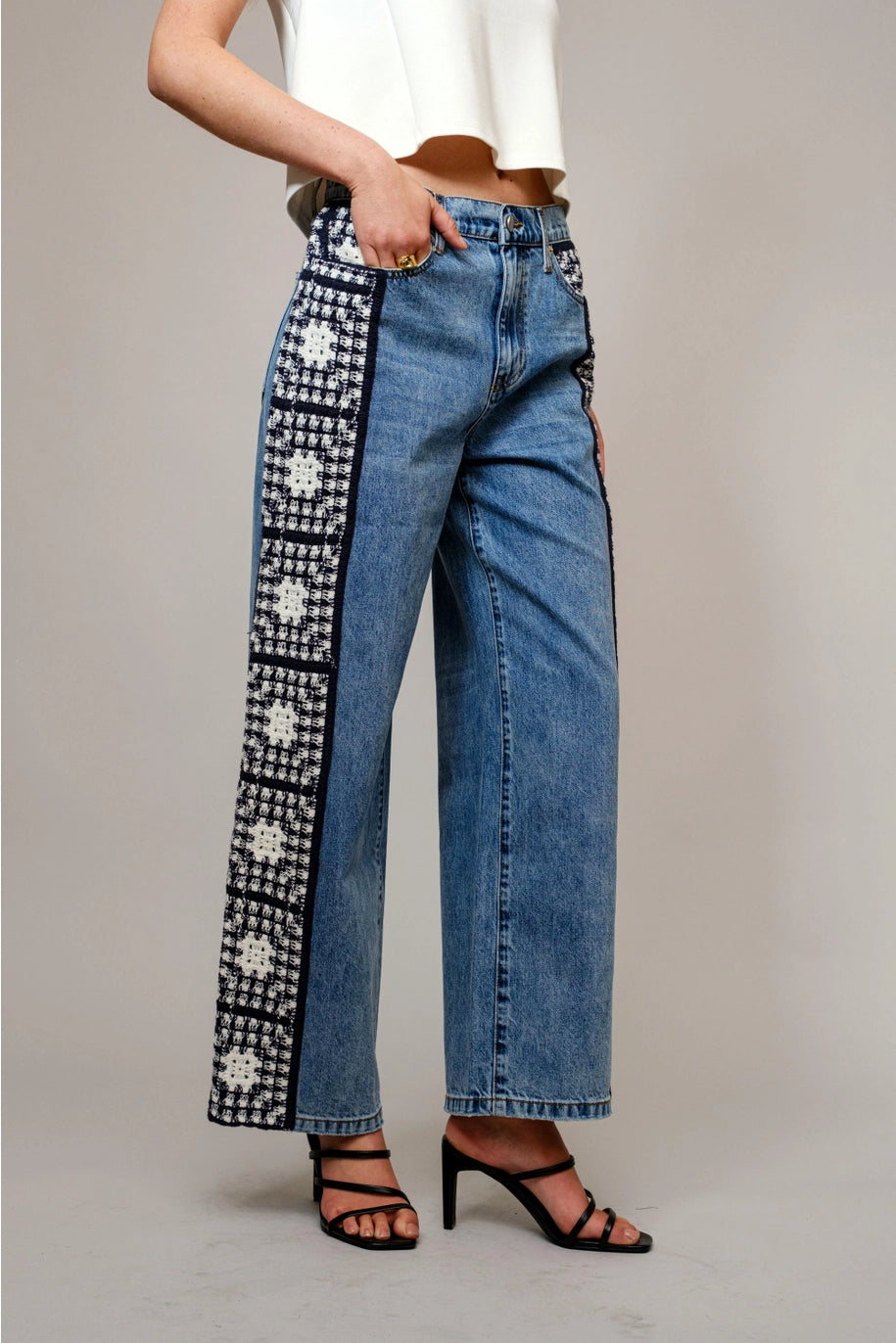 CROCHET DETAIL DENIM PANT-LIGHT WASH