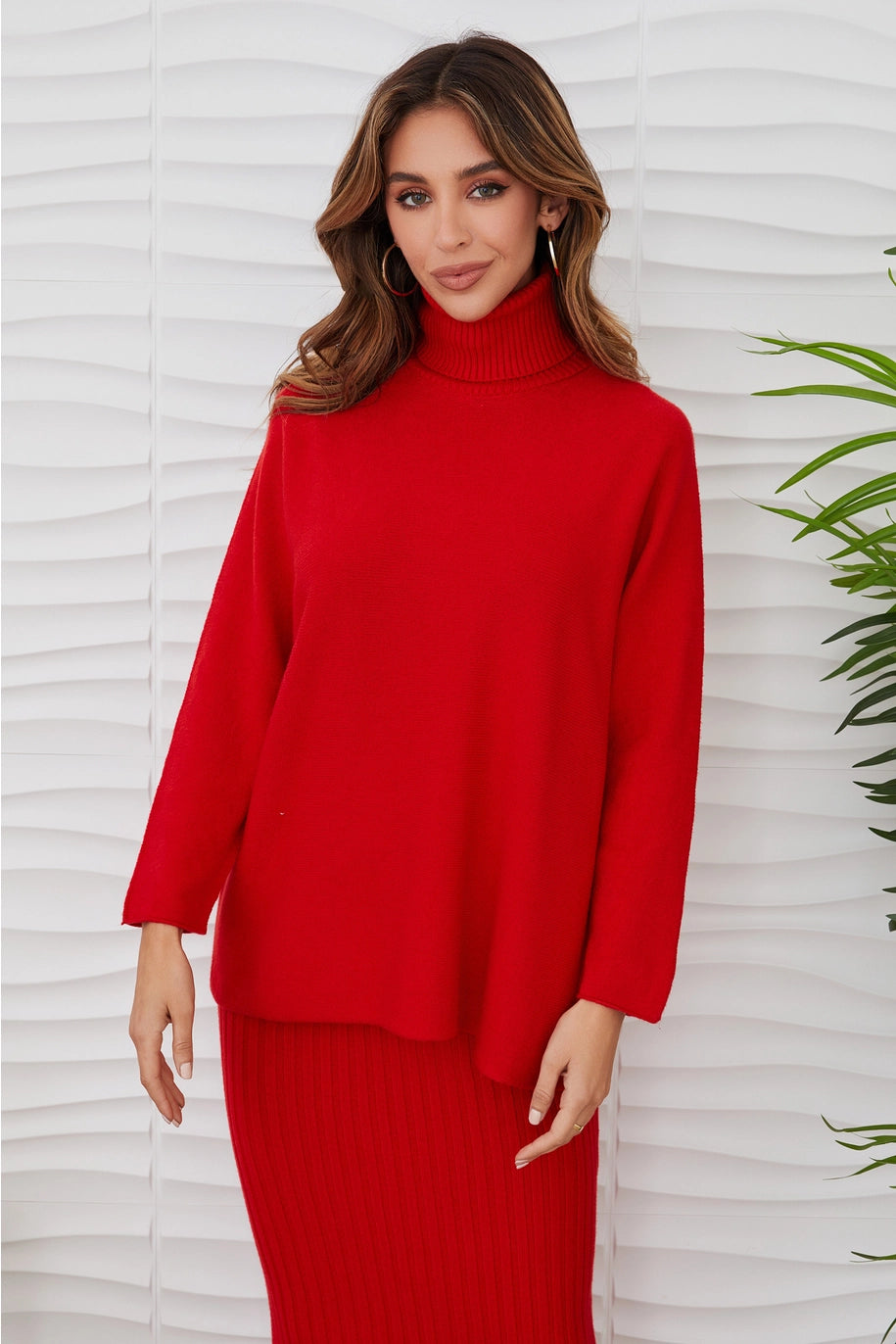 ITALIAN KNIT CASUAL FIT TURTLENECK TOP-RED