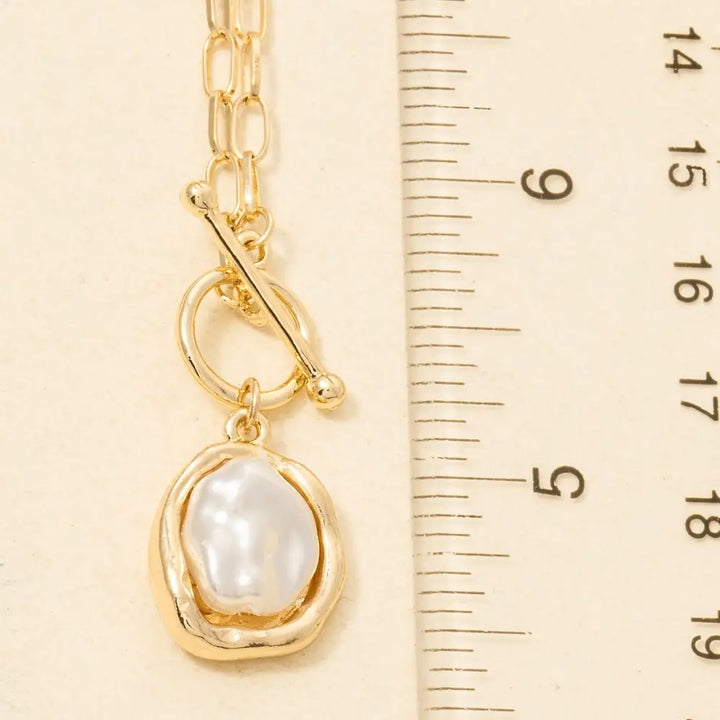PEARL PENDANT DAINTY TOGGLE CHAIN NECKLACE-GOLD/CREAM