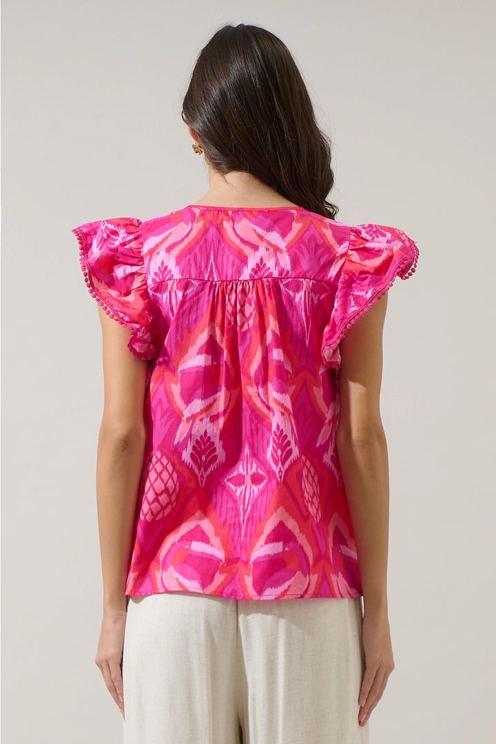 PRISSA IKAT CARYA POPLIN TOP-MAGENTA/CORAL
