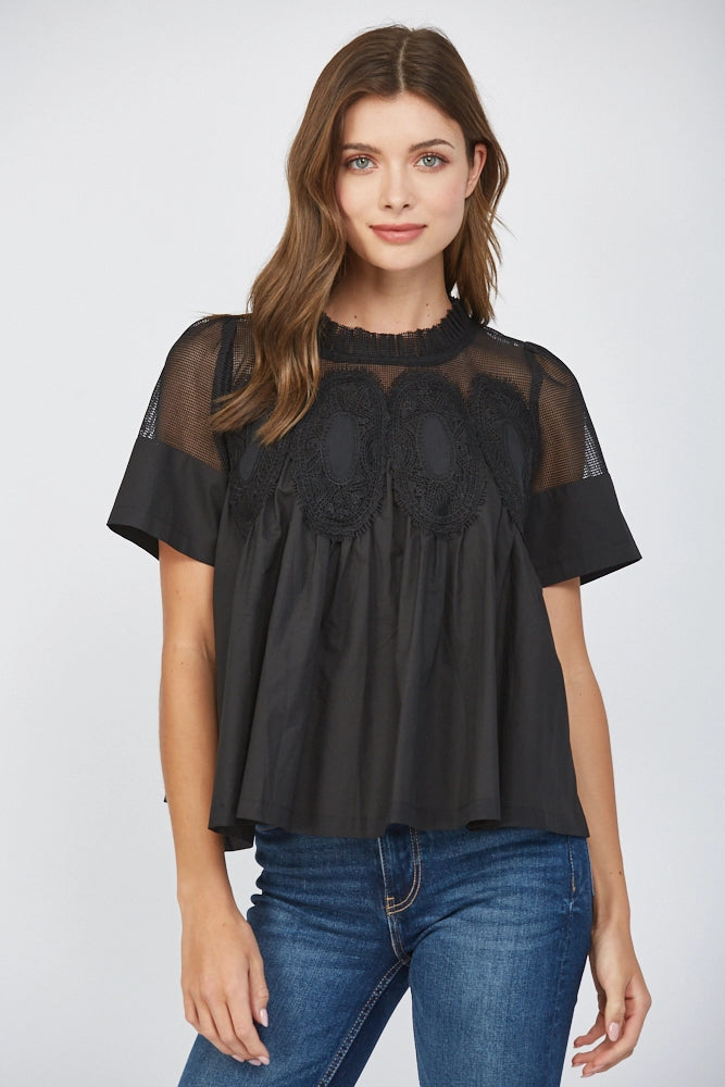 MESH AND APPLIQUÉ BLOUSE-BLACK