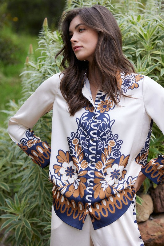 FLORAL BORDER PRINT BLOUSE-MUSTARD/NAVY