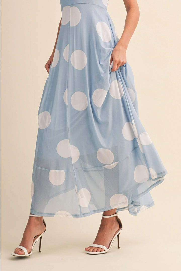 LARGE POLKA DOT MAXI DRESS-DUSTY BLUE/WHITE