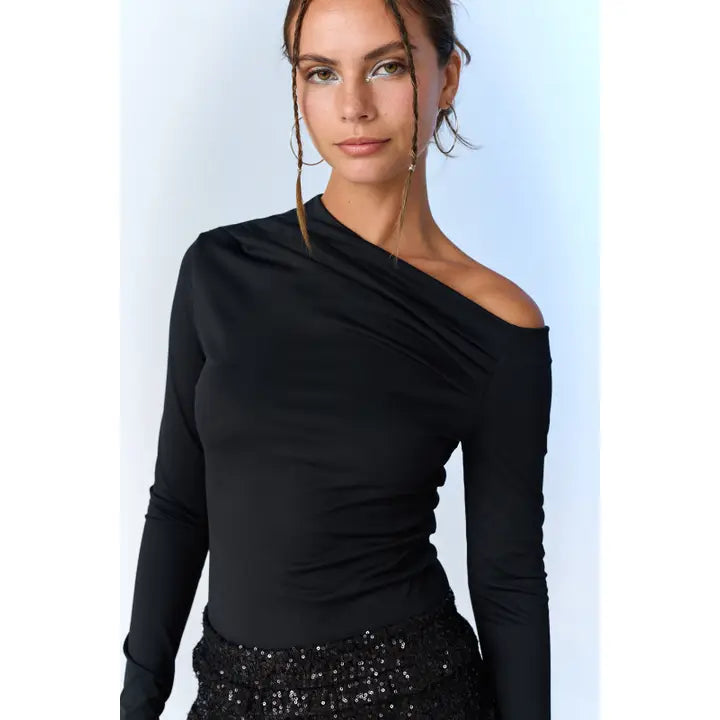 GRACE ASYMMETRICAL NECK TOP-BLACK