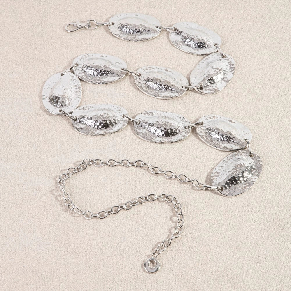 HAMMERED OVAL DISC CHAIN BELT-SILVER