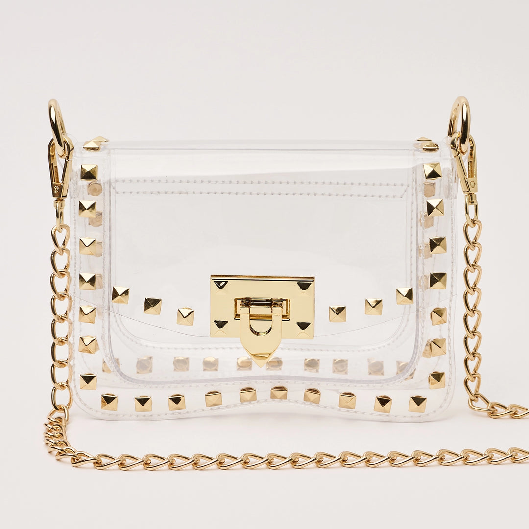 transparent handbag with gold studded details and gold chain strap 