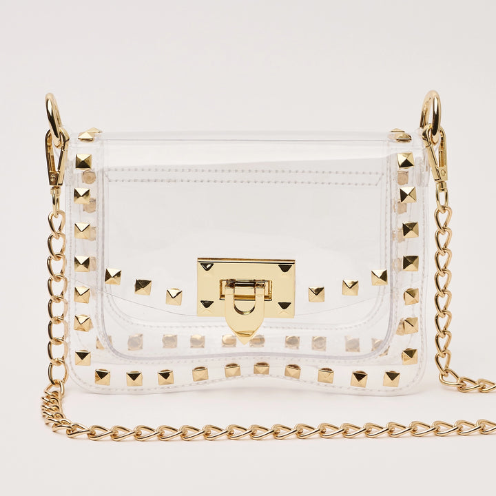 transparent handbag with gold studded details and gold chain strap 