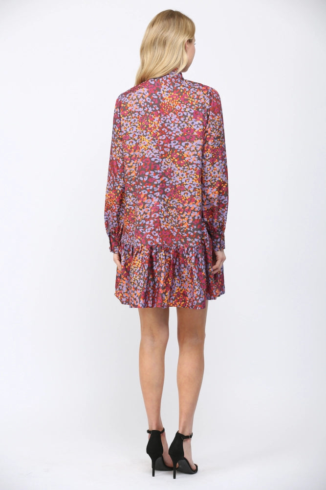 ABSTRACT ANIMAL PRINT RUFFLED HEM DRESS-BROWN/MULTI