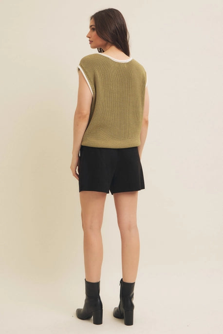 CONTRAST EDGE KNIT SWEATER-MATCHA