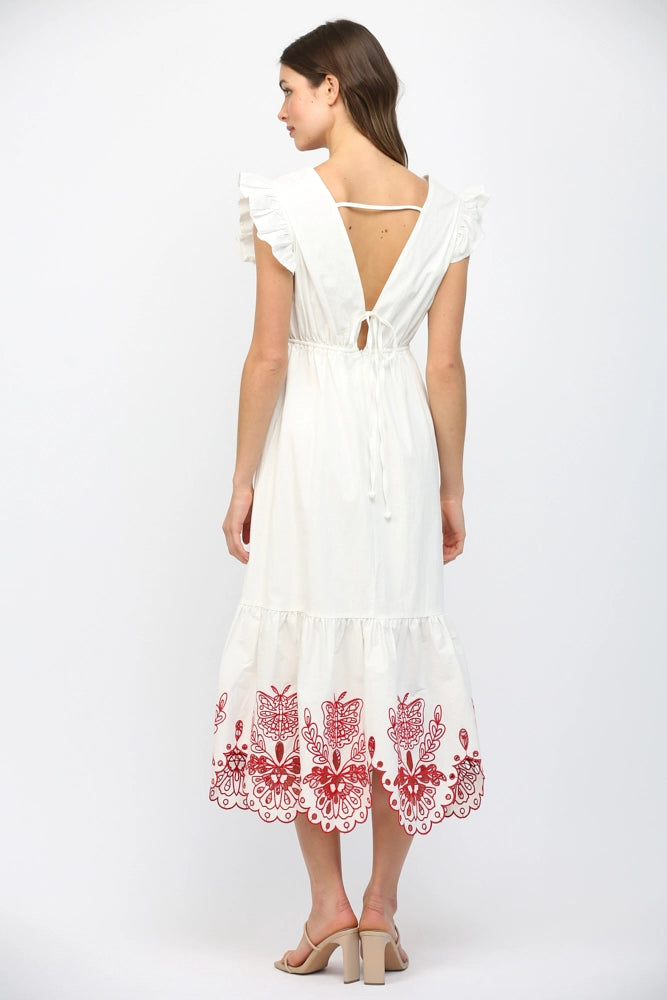 CUT OUT EMBROIDERED DETAIL MAXI DRESS- OFF WHITE