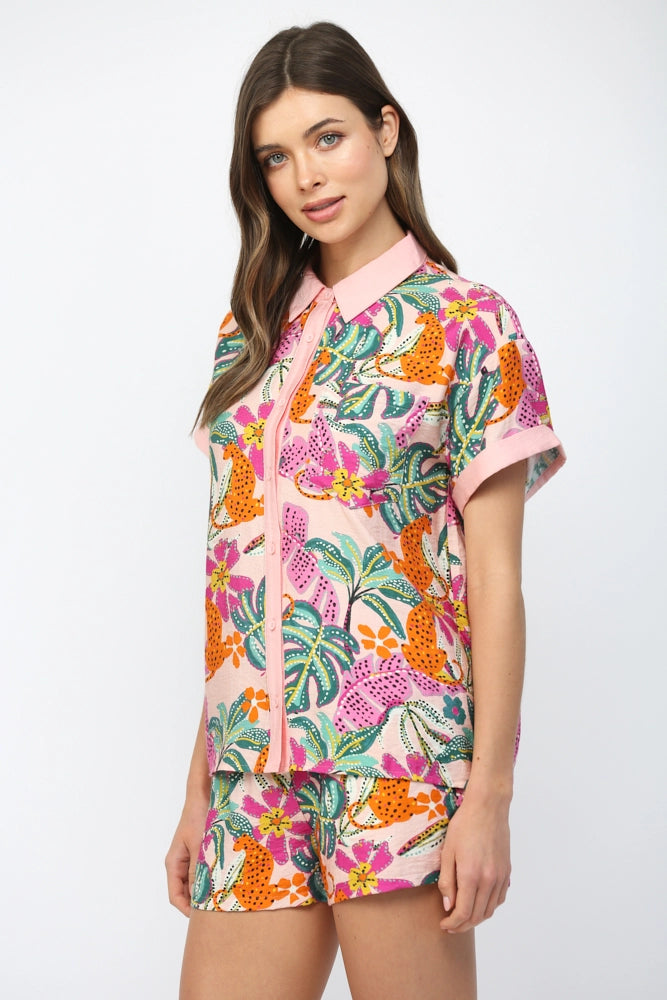 TROPICAL PRINT BUTTON DOWN BLOUSE-BLUSH/MULTI