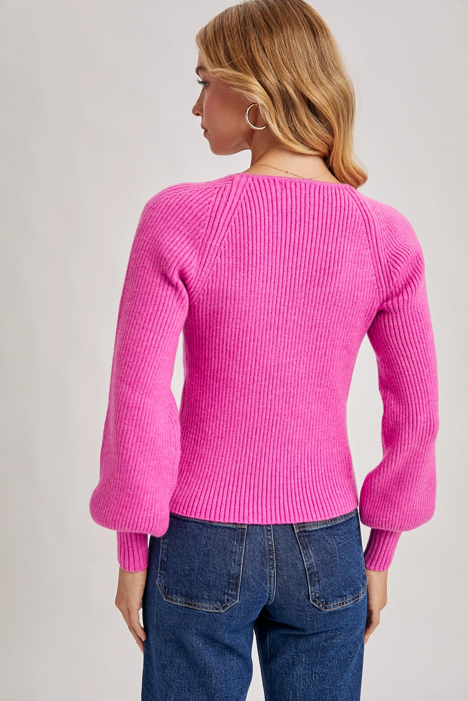 SWEETHEART NECK RIBBED SWEATER-HOT PINK