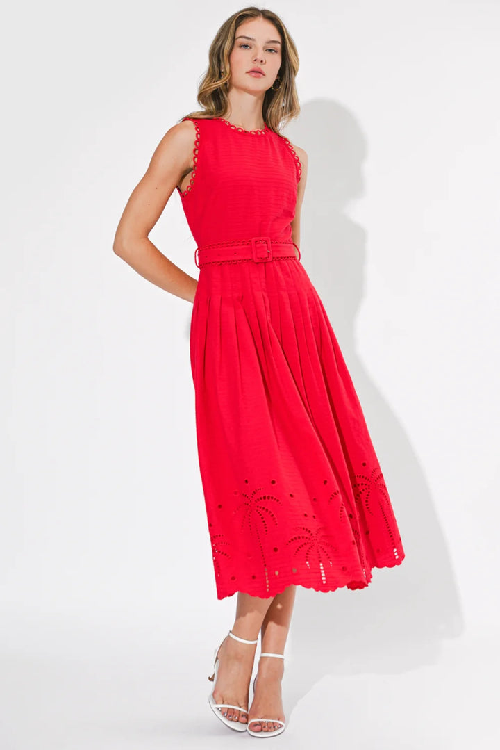 NEVE EMBROIDERED MIDI DRESS-RED