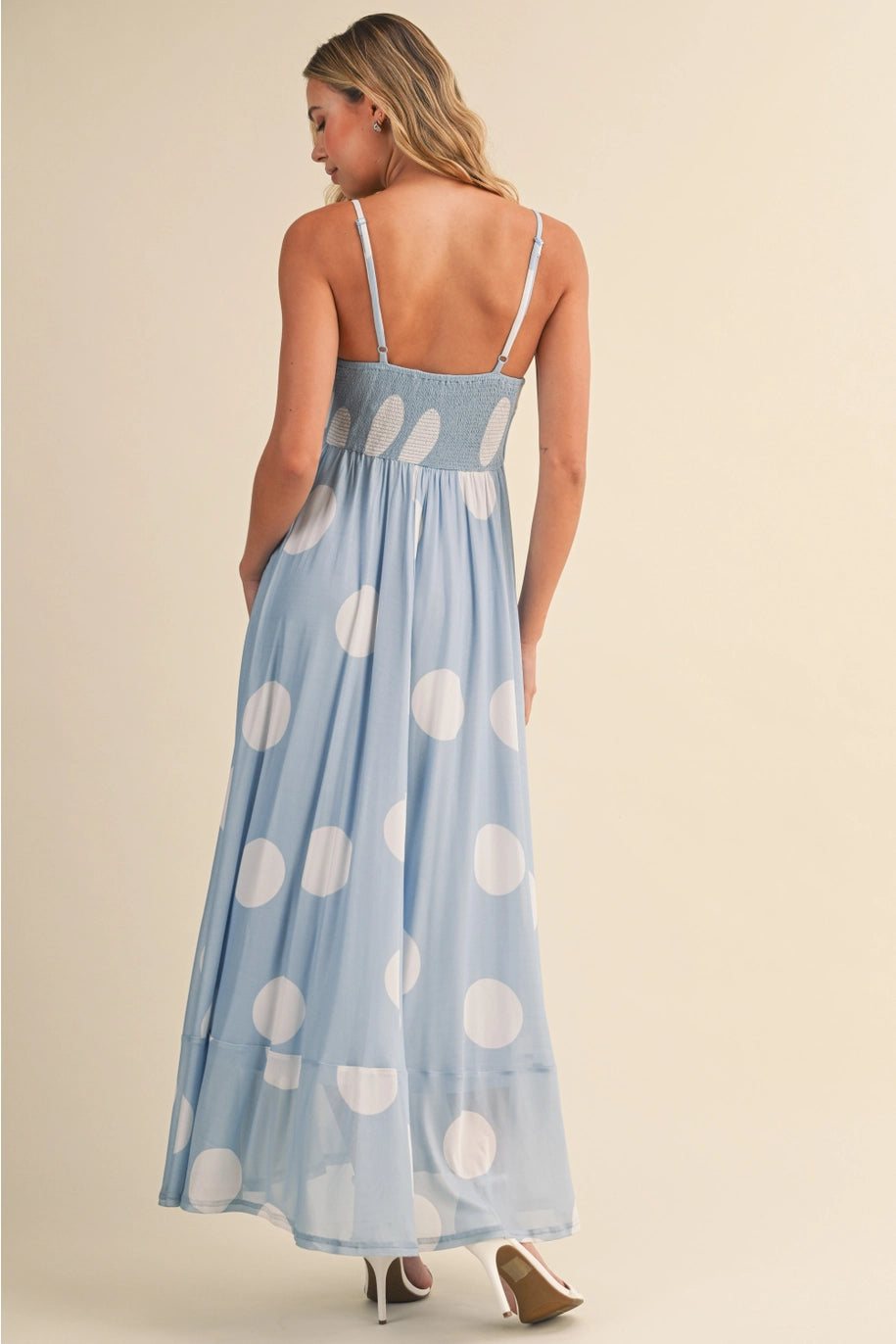 LARGE POLKA DOT MAXI DRESS-DUSTY BLUE/WHITE