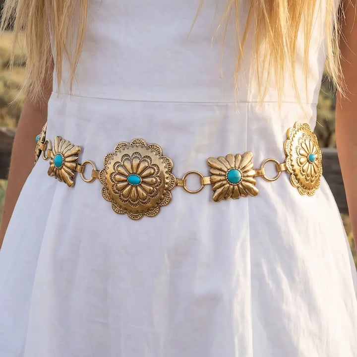 WESTERN ROUND CONCHO DISK CHAIN BELT-GOLD/TURQUOISE