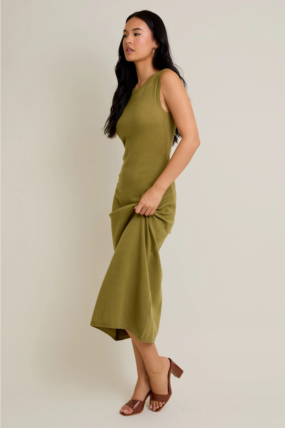 BACK TIE DETAIL SWEATER MIDI DRESS-OLIVE