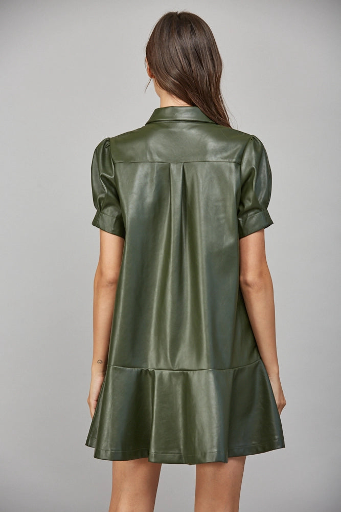PUFF SLEEVE FAUX LEATHER MINI DRESS-OLIVE