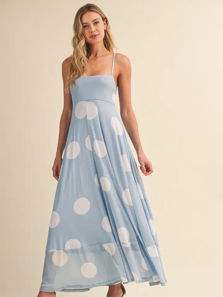 LARGE POLKA DOT MAXI DRESS-DUSTY BLUE/WHITE