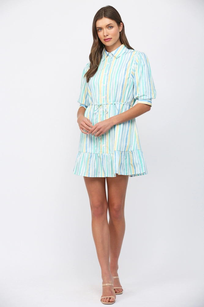VERTICAL STRIPE SHIRT DRESS-WHITE/BLUE/YELLOW