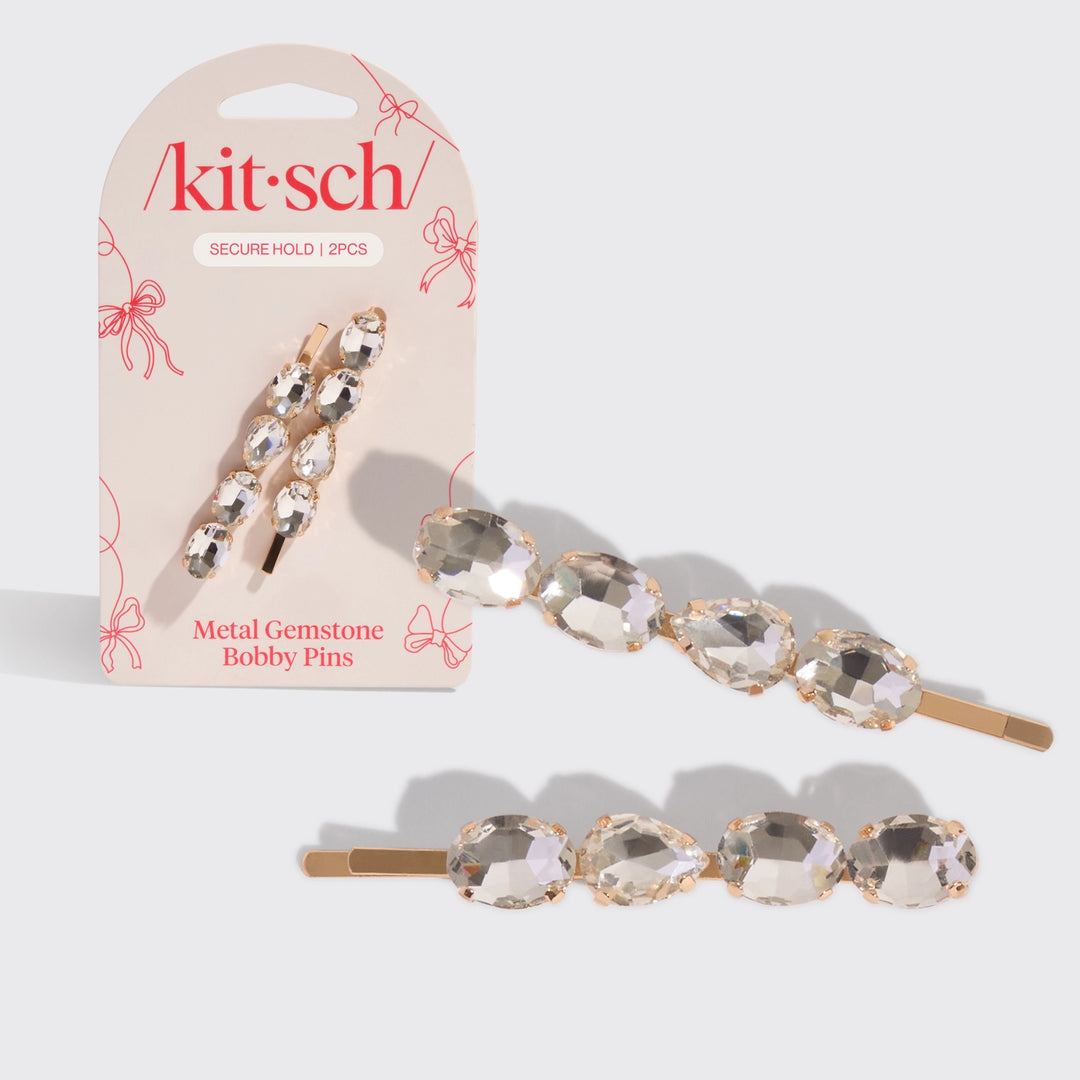 2 Metal pear shape gemstone bobby pins with 'kit·sch' packaging 