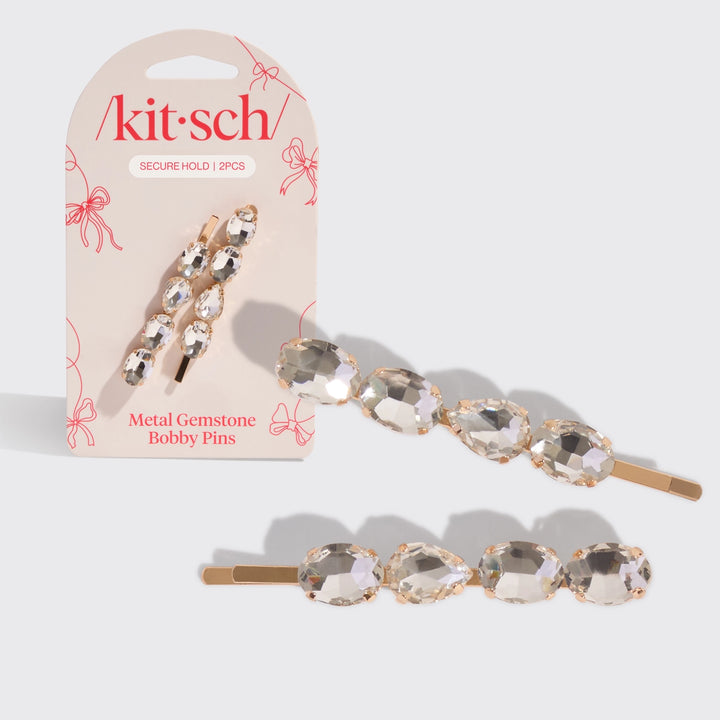 2 Metal pear shape gemstone bobby pins with 'kit·sch' packaging 