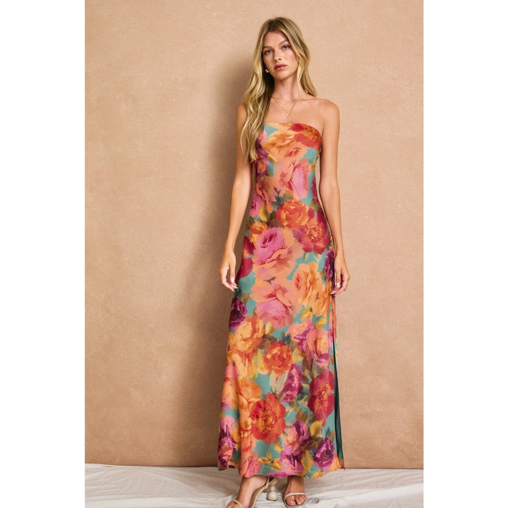 SATIN STRAPLESS FLORAL MAXI DRESS-PARISIAN FLORAL