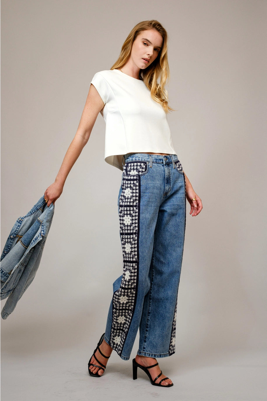 CROCHET DETAIL DENIM PANT-LIGHT WASH