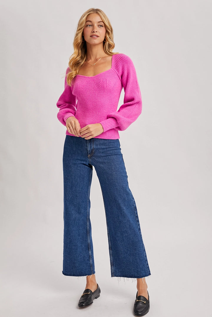 SWEETHEART NECK RIBBED SWEATER-HOT PINK