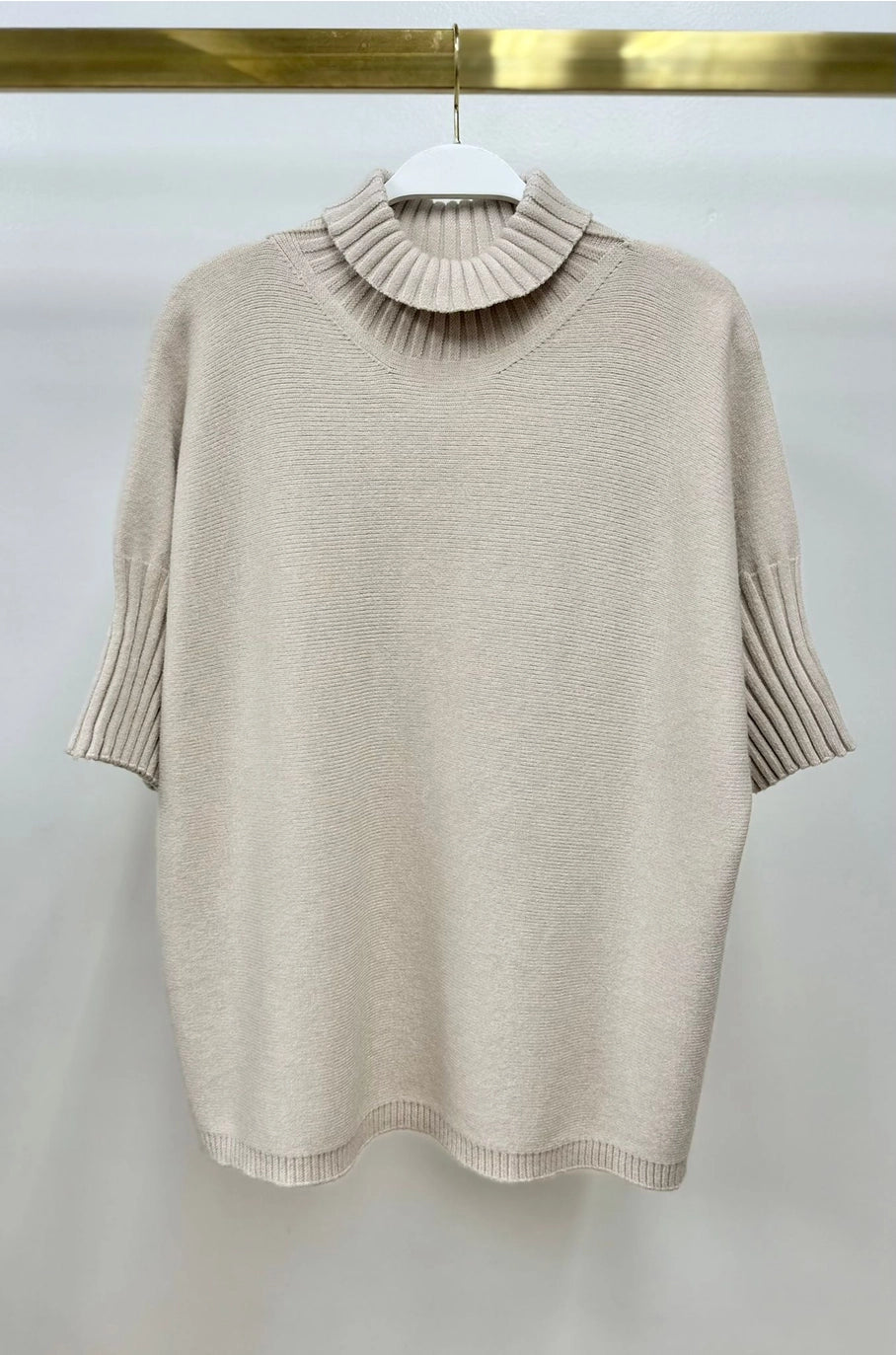 RIB CONTRAST TURTLENECK SS KNIT TOP-CLASSIC BEIGE