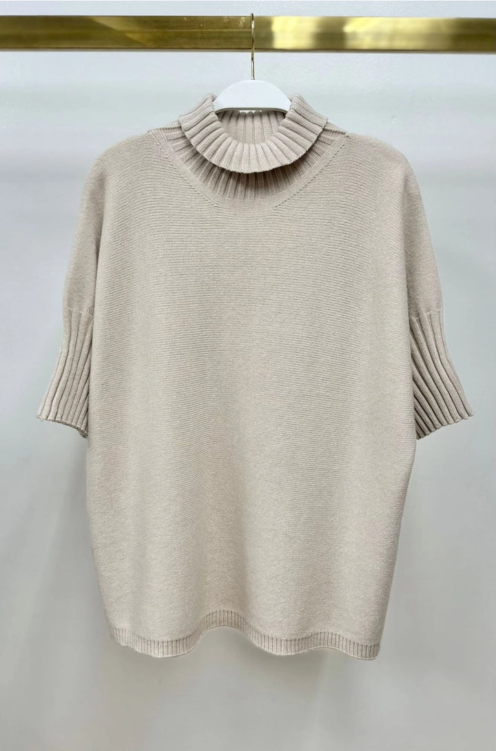 RIB CONTRAST TURTLENECK SS KNIT TOP-CLASSIC BEIGE