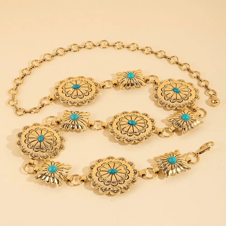 WESTERN ROUND CONCHO DISK CHAIN BELT-GOLD/TURQUOISE