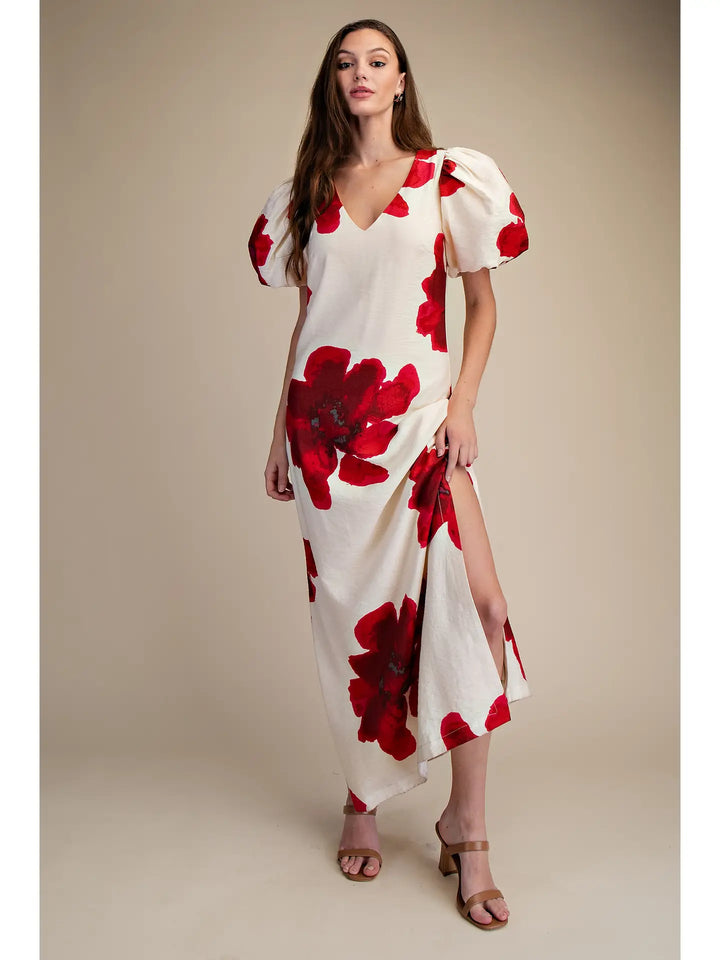 PUFF SLEEVE FLORAL MAXI DRESS-RED