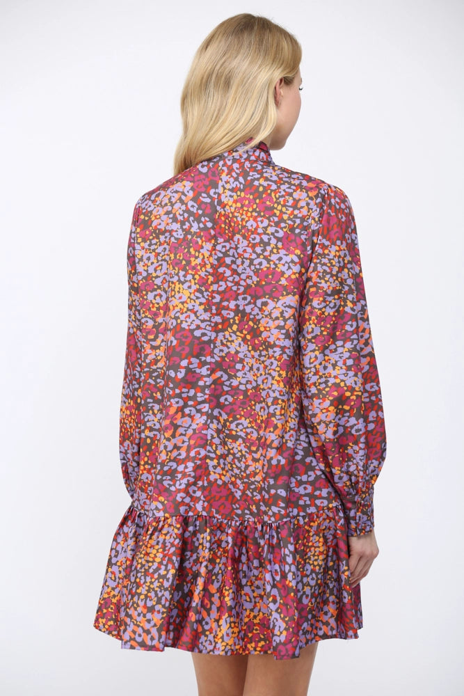 ABSTRACT ANIMAL PRINT RUFFLED HEM DRESS-BROWN/MULTI