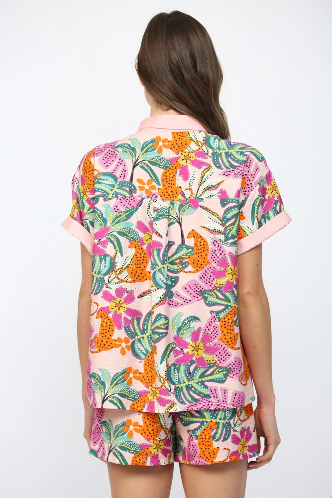 TROPICAL PRINT BUTTON DOWN BLOUSE-BLUSH/MULTI