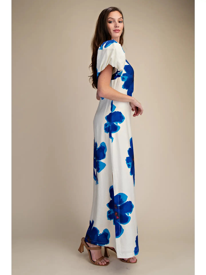 PUFF SLEEVE FLORAL MAXI DRESS-ROYAL