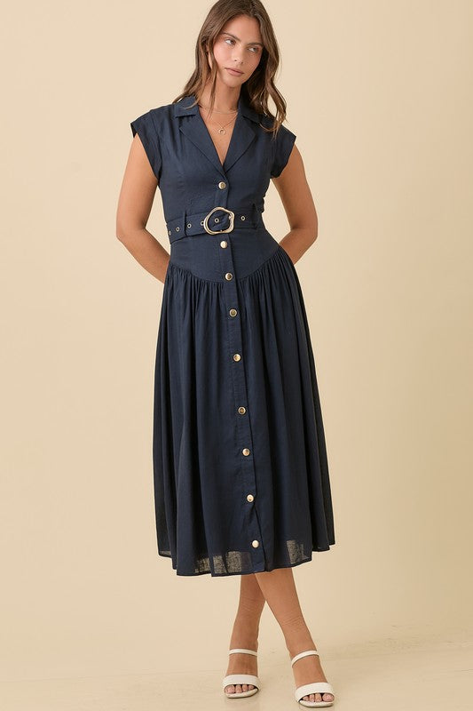 LAPEL COLLAR LOW WAIST DRESS-DARK NAVY