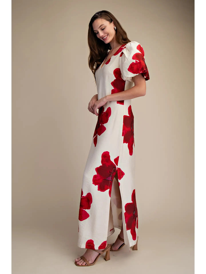 PUFF SLEEVE FLORAL MAXI DRESS-RED