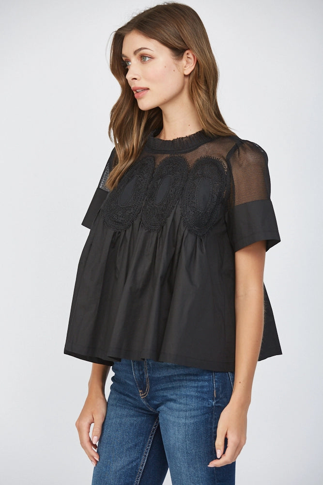 MESH AND APPLIQUÉ BLOUSE-BLACK