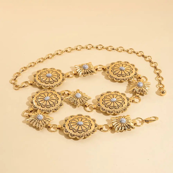 WESTERN ROUND CONCHO DISK CHAIN BELT-GOLD/WHITE