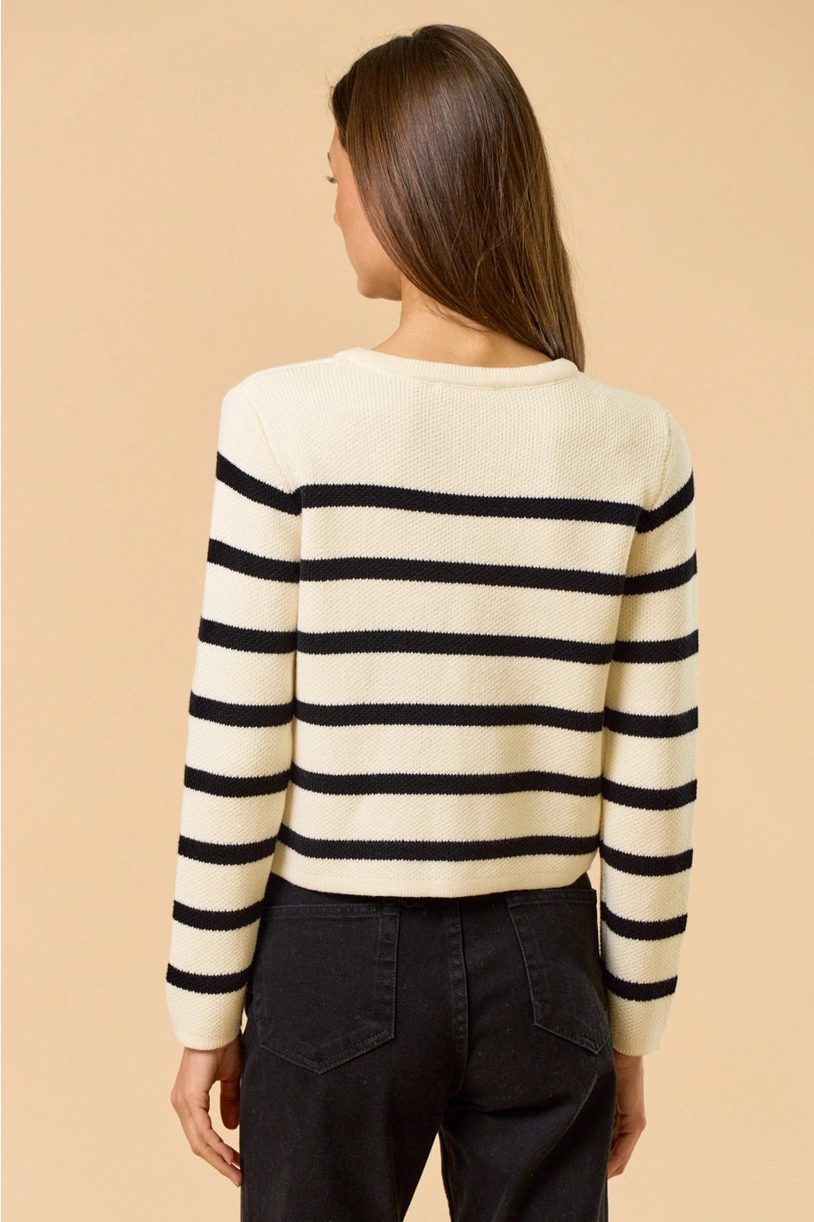 STRIPED BUTTON DOWN SWEATER-WHITE/BLACK
