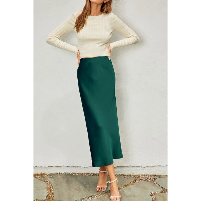 GOING OUT SATIN MAXI SKIRT-DARK GREEN