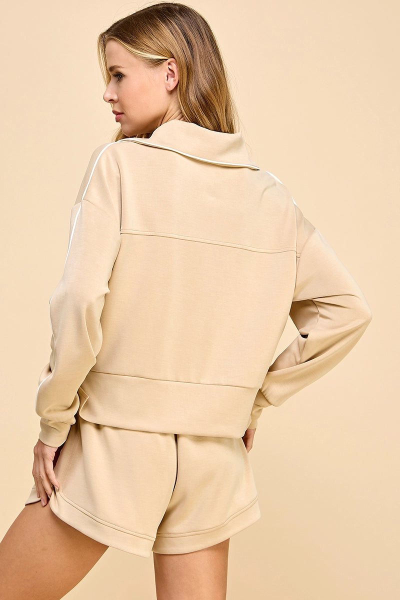 PIPPED DETAIL ZIPPERED PULLOVER SWEATER-BEIGE
