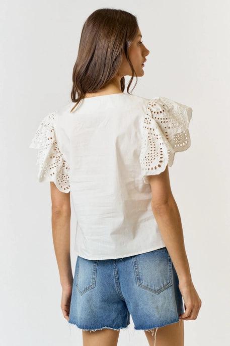 COTTON EYELET RUFFLE SLEEVE TOP-OFF WHITE