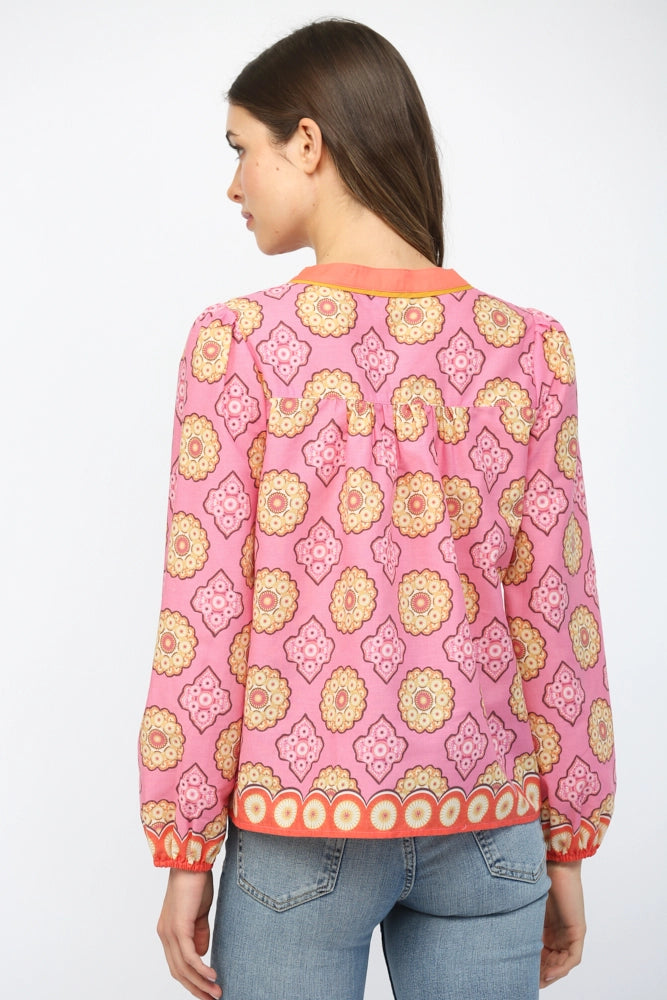 TILE PRINT LONG SLEEVE BLOUSE-PINK/MULTI