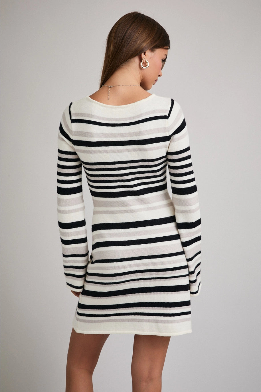 BELL SLEEVE STRIPED MINI SWEATER DRESS-BLACK/WHITE