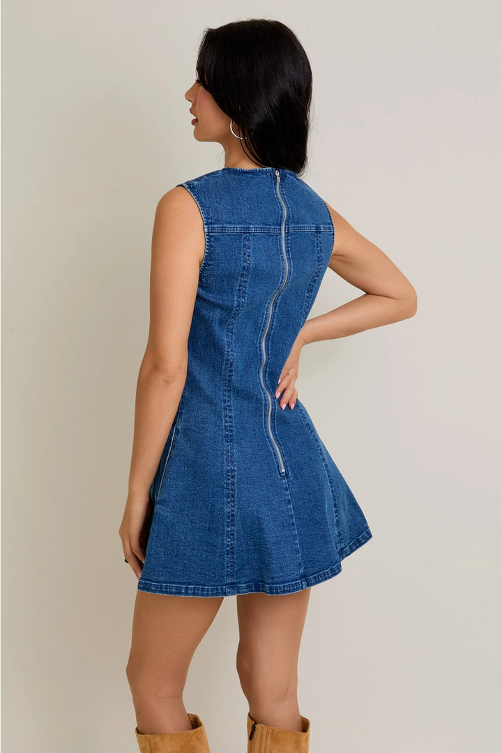 ROUND NECK SLEEVELESS DENIM MINI DRESS-DENIM